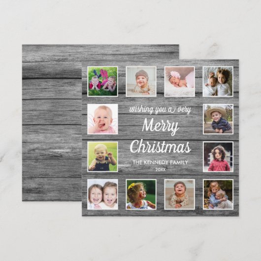 Rustiek Grijs Hout 12 Foto Collage Kerstmis Feestdagenkaart (Voorkant / Achterkant)