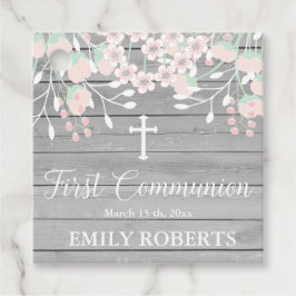 Rustiek grijs hout blozen bloesem eerste communie bedankjes labels