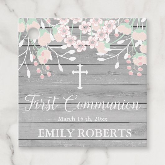 Rustiek grijs hout blozen bloesem eerste communie bedankjes labels (Voorkant)