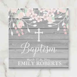 Rustiek grijs hout blush bloesem doop bedankjes labels