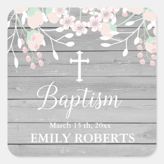 Rustiek grijs hout blush bloesem doop vierkante sticker (Voorkant)
