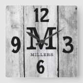 Rustiek Grijs Hout Familienaam Monogram boerderij Vierkante Klok (Voorkant)