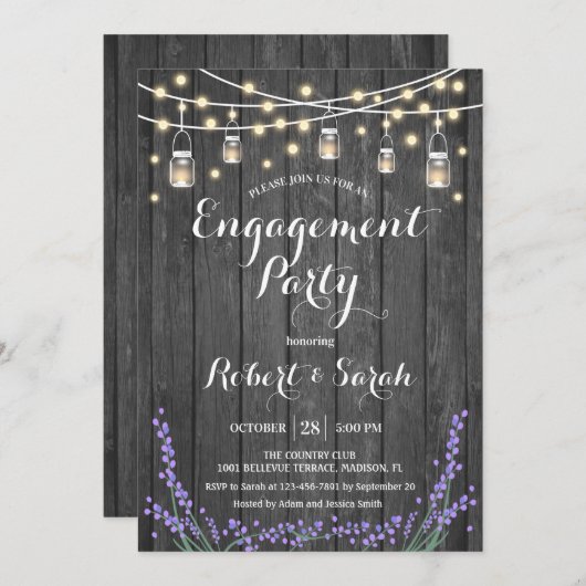 Rustiek Grijs Hout Lights Lavendel Engagement Part Kaart (Voorkant / Achterkant)