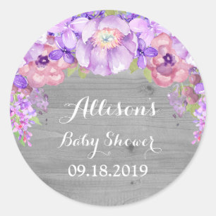 Rustiek Grijs Hout Paarse Bloemen Baby shower Labe Ronde Sticker