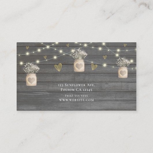 Rustiek Grijs Houten Lichten & Mason Jar Bloemen Visitekaartje (Achterkant)