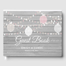 Rustiek grijs houten string lichten bruiloft gaste gastenboek