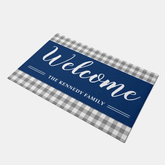 Rustiek Grijs Plaid Familienaam Navy Blue Welkom Deurmat (Schuin)