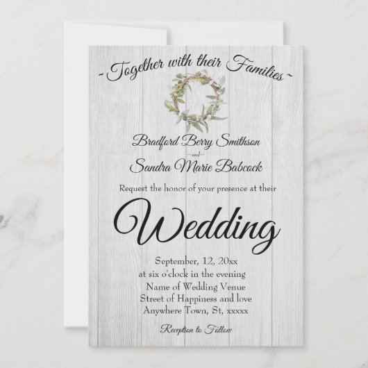 Rustiek grijs schuur hout, Eucalyptus krans bruilo Kaart (Voorkant)