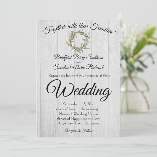 Rustiek grijs schuur hout, Eucalyptus krans bruilo Kaart (Staand voorkant)