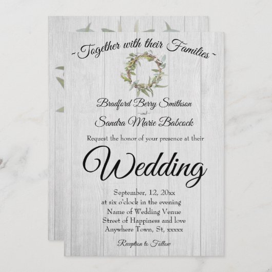 Rustiek grijs schuur hout, Eucalyptus krans bruilo Kaart (Voorkant / Achterkant)