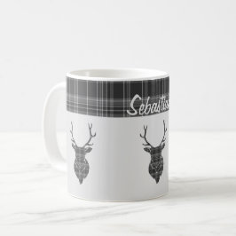 Rustiek grijs tartan patroon en hert hoofd gewei koffiemok