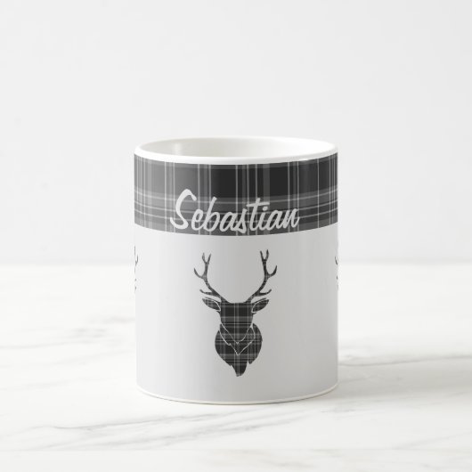 Rustiek grijs tartan patroon en hert hoofd gewei koffiemok (Center)