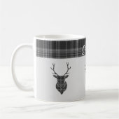 Rustiek grijs tartan patroon en hert hoofd gewei koffiemok (Links)