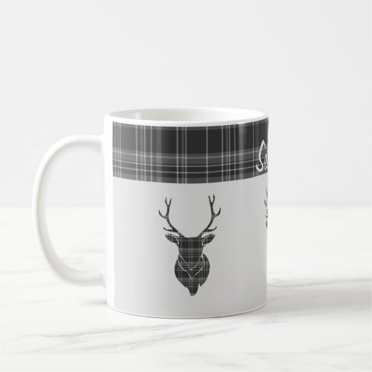 Rustiek grijs tartan patroon en hert hoofd gewei koffiemok (Links)