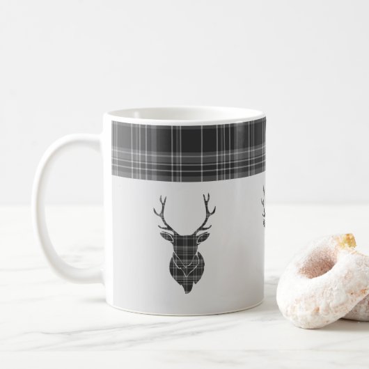 Rustiek grijs tartan patroon en hert hoofd gewei koffiemok (Met donut)
