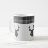 Rustiek grijs tartan patroon en hert hoofd gewei koffiemok (Voorkant links)
