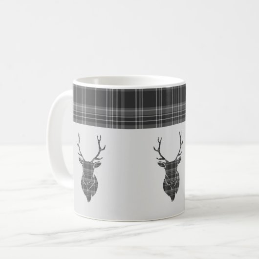 Rustiek grijs tartan patroon en hert hoofd gewei koffiemok (Voorkant links)