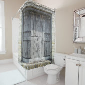 Rustiek grijs verweerd hout stenen schuur deur douchegordijn (In situ)