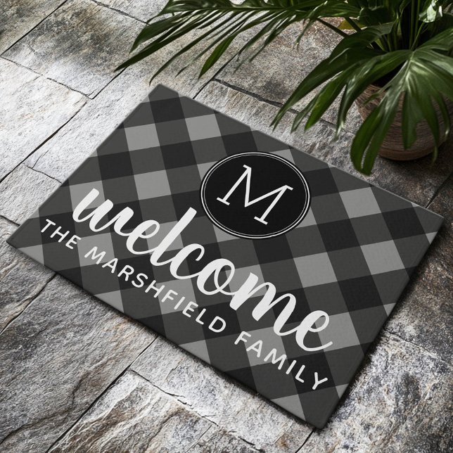 Rustiek Grijs & Zwart Buffalo Plaid Familie Welkom Deurmat (Custom Welcome Mat)