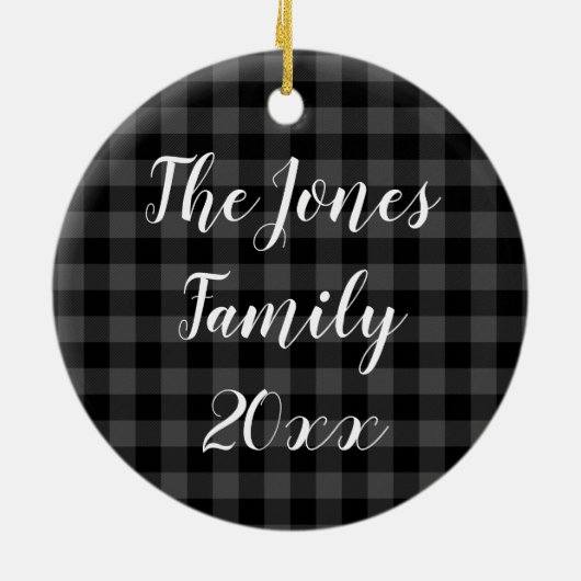 Rustiek grijs zwart geruite patroon ijzige sneeuwv keramisch ornament (Achterkant)