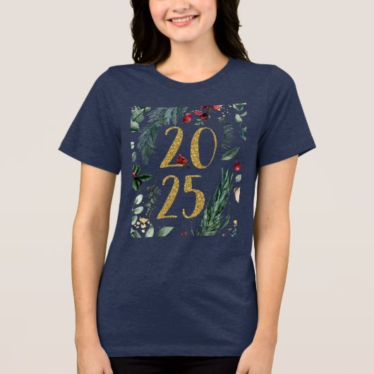 Rustiek groen 2025 Blauw Nieuwjaar Vakantie Tri-Blend Shirt (Voorkant)