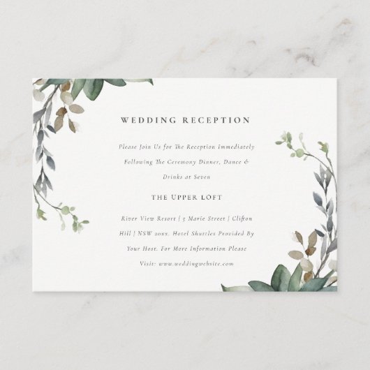 Rustiek Groen Bladblad Krans Bruiloft Receptie Informatiekaartje (Voorkant)