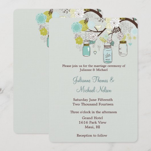 Rustiek Groen Blauw Groene Mason Jars Bloemen Huwe Kaart (Voorkant / Achterkant)