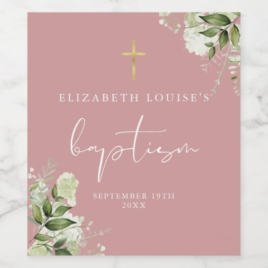 Rustiek groen Bloemen Dusty Roos Roze doop Wijn Etiket (Enkel label)