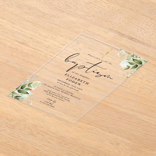 Rustiek groen Bloemen Elegante moderne doop Acryl Uitnodigingen (Laagn)