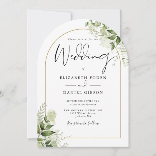 Rustiek groen Bloemen Gouden Boog Foto bruiloft Kaart (Voorkant)