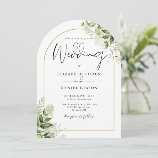 Rustiek groen Bloemen Gouden Boog Foto bruiloft Kaart (Staand voorkant)