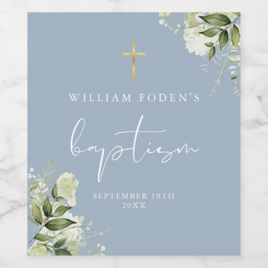Rustiek groen Bloemen Stoffig Blauw Doopsel Wijn Etiket (Enkel label)