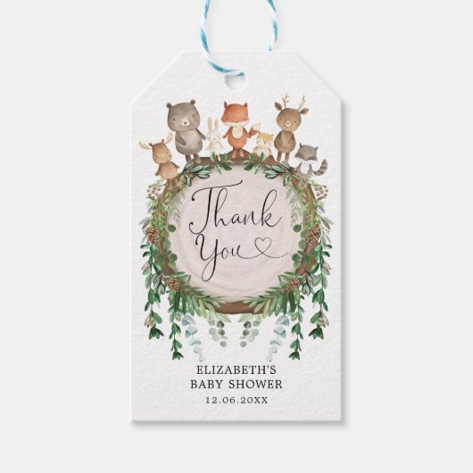 Rustiek groen bosdieren Baby shower gunst Cadeaulabel (Voorkant)