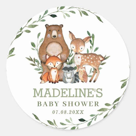Rustiek groen bosdieren Baby shower gunst Ronde Sticker (Voorkant)