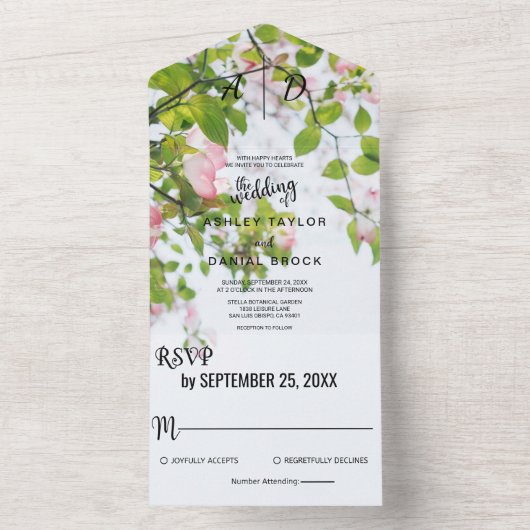 Rustiek groen Bougainvillea Floral Wedding All In One Uitnodiging (Binnen)