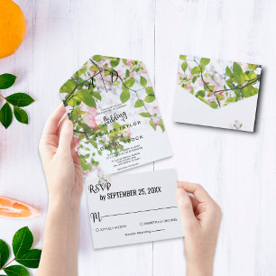 Rustiek groen Bougainvillea Floral Wedding All In One Uitnodiging