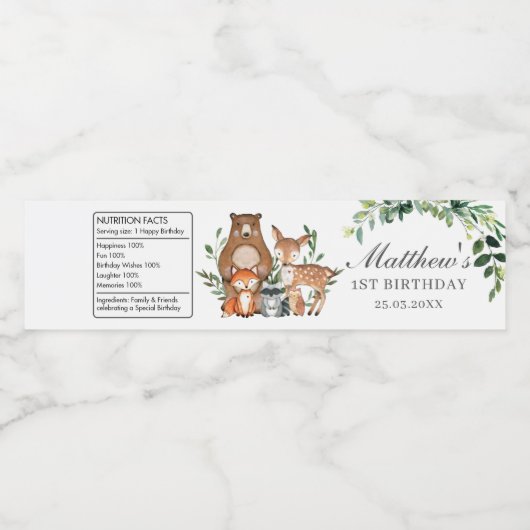 Rustiek groen Chic Woodland Dieren 1e verjaardag Waterfles Etiket (Enkel label)