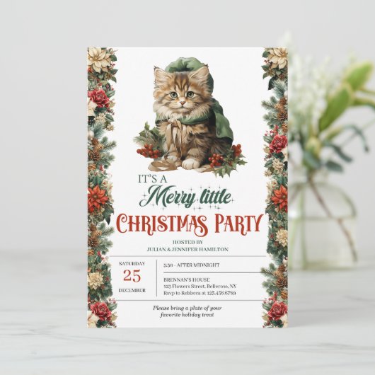 Rustiek groen en goud elegante kerstkat kaart (Staand voorkant)