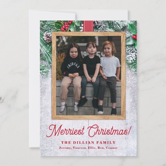Rustiek groen en hout Kerstmis Foto Feestdagenkaart (Voorkant)