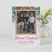 Rustiek groen en hout Kerstmis Foto Feestdagenkaart (Staand voorkant)