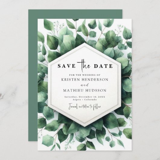 Rustiek groen Eucalyptus digitale bruiloft Save The Date (Voorkant / Achterkant)