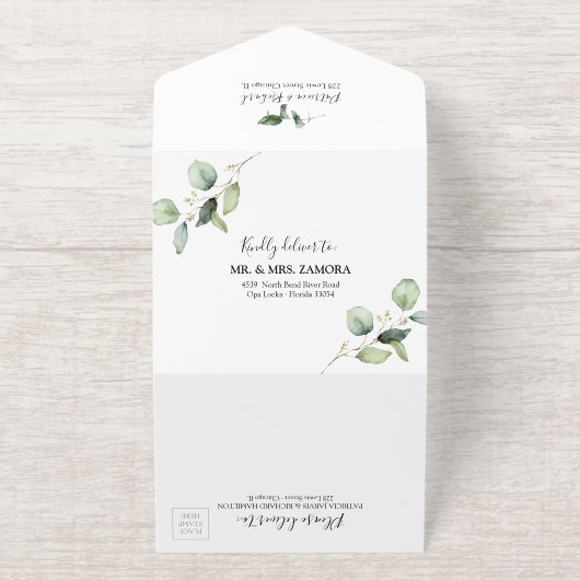 Rustiek groen eucalyptus kalligrafie bruiloft all in one uitnodiging (Buiten)