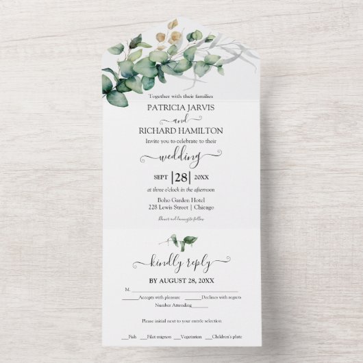 Rustiek groen eucalyptus kalligrafie bruiloft all in one uitnodiging (Binnen)