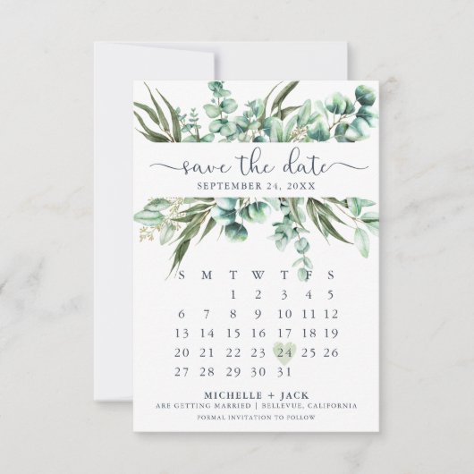 Rustiek groen Eucalyptus Moderne kalender Save The Date (Voorkant)