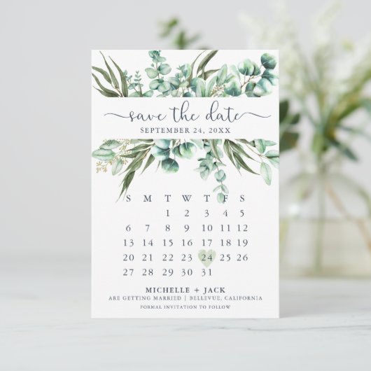 Rustiek groen Eucalyptus Moderne kalender Save The Date (Staand voorkant)