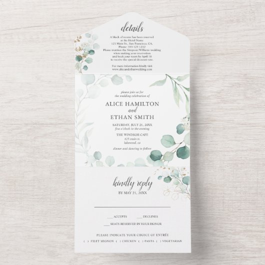 Rustiek groen eucalyptus zomer bruiloft all in one uitnodiging (Binnen)