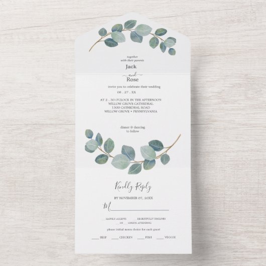 Rustiek groen Eucalyptus zomerhuwelijk. All In One Uitnodiging (Binnen)