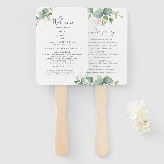 Rustiek groen Eucalyptus zomerhuwelijk. Handwaaier (Voorkant en achterkant)