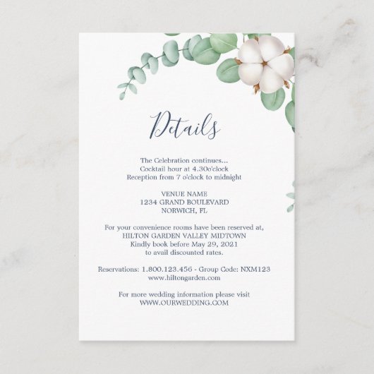 Rustiek groen Eucalyptus zomerhuwelijk. Informatiekaartje (Voorkant)