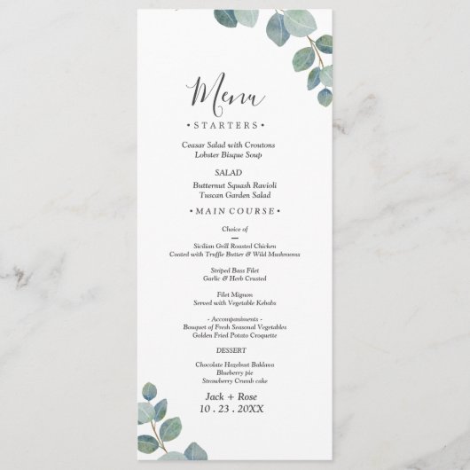 Rustiek groen Eucalyptus zomerhuwelijk. Menu (Voorkant)
